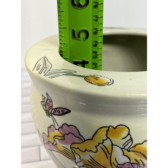 Asian Y2K Pot Planter 6 X 4.75in Floral Butterflies Tulips Beige Pink Fairycore - Picture 11 of 12